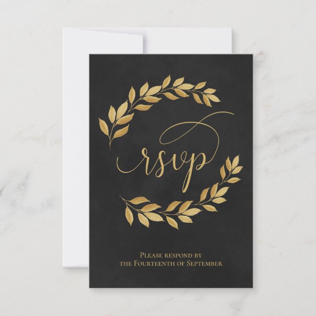 Golden Laurel Leaves on Black Elegant Wedding RSVP Card (Front)