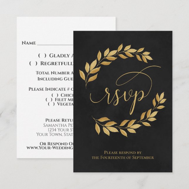 Golden Laurel Leaves on Black Elegant Wedding RSVP Card (Front/Back)