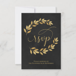Golden Laurel Leaves on Black Elegant Wedding RSVP Card