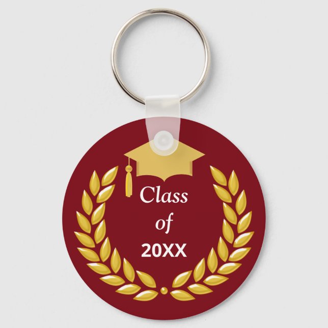 Golden Laurel Wreath Class of 20XX on Burgundy Key Ring (Front)