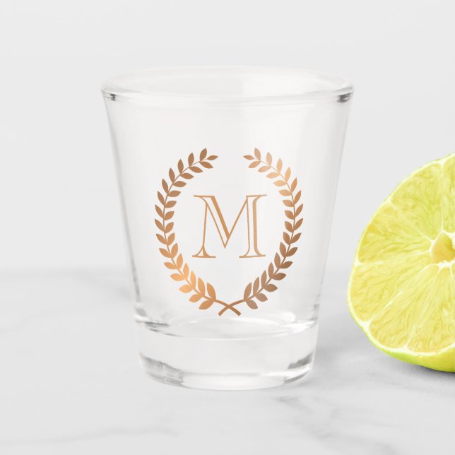Golden Laurel Wreath Monogram Shot Glass (Front)