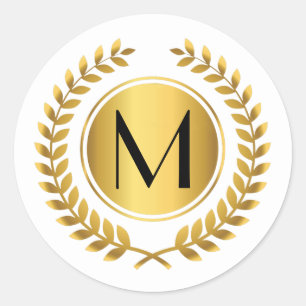Golden Laurel Wreath Monogrammed Classic Round Sticker