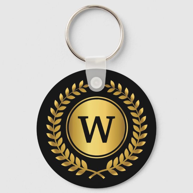 Golden Laurel Wreath Monogrammed Key Ring (Front)