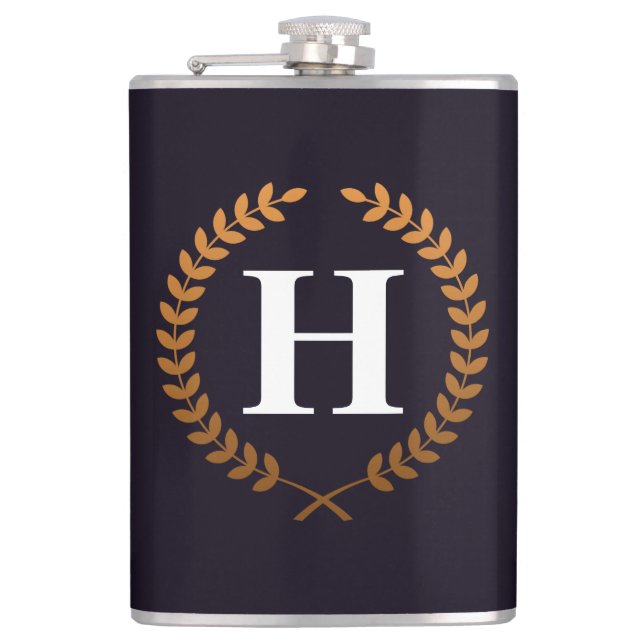 Golden Laurel Wreaths Monogram Hip Flask (Front)