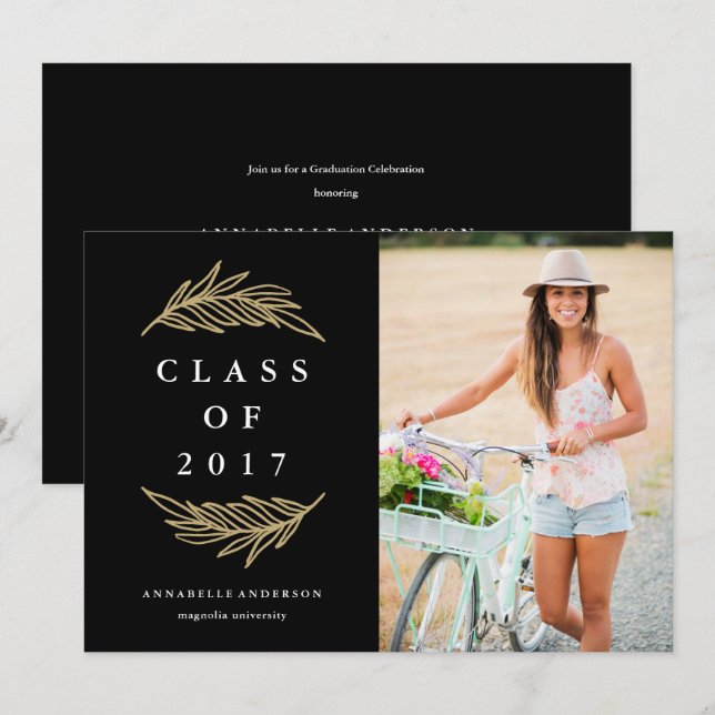 Golden Laurels Graduation Party Photo Invitation (Front/Back)