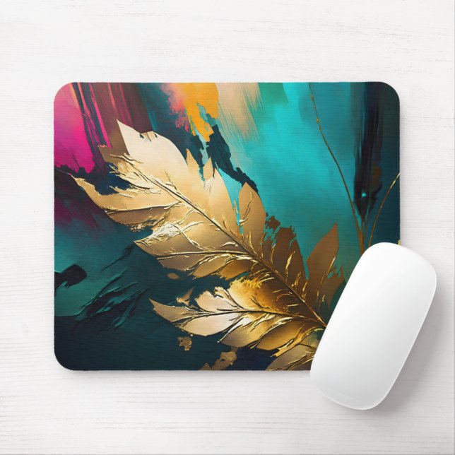 Golden Leaf – Abstract Botanical Modern Art Mouse Mat (With Mouse)