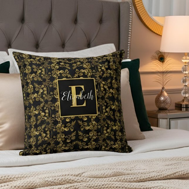 Golden leaf and black luxury | Monogram custom Cushion (Creator Uploaded)