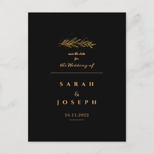 Golden Leaf Branch Sparkles Elegant Black Wedding  Announcement Postcard