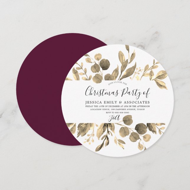 Golden Leaf & Burgundy Office Christmas Party Invitation (Front/Back)