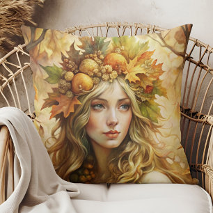 Golden Leaf Crown Fairy - Cosy Boho Autumn Accent Cushion