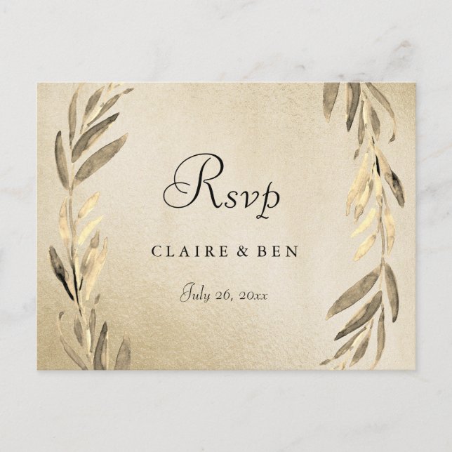 Golden Leaf Gold Foil Wedding RSVP Postcard (Front)