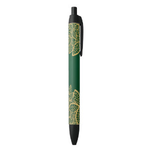 Golden leaf lace on green background black ink pen