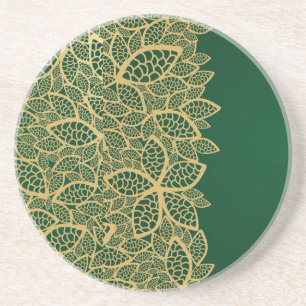 Golden leaf lace on green background coaster