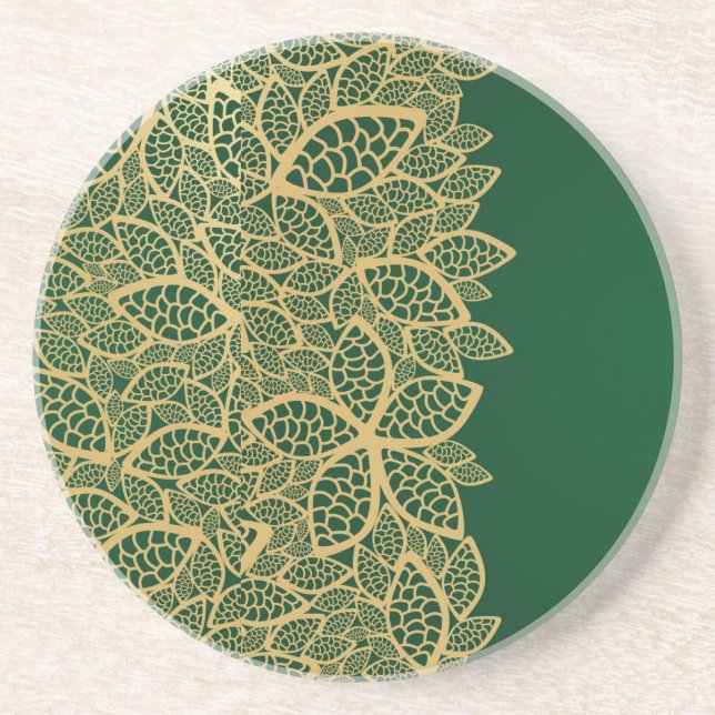 Golden leaf lace on green background coaster (Front)