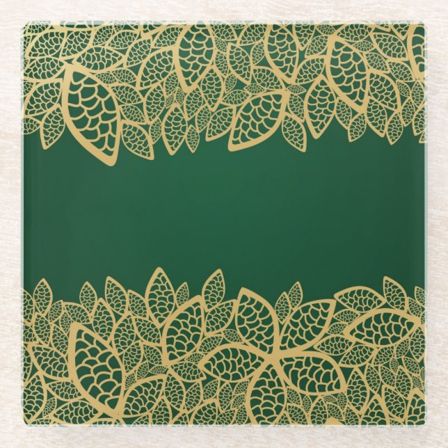 Golden leaf lace on green background glass coaster (Front)
