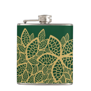 Golden leaf lace on green background hip flask