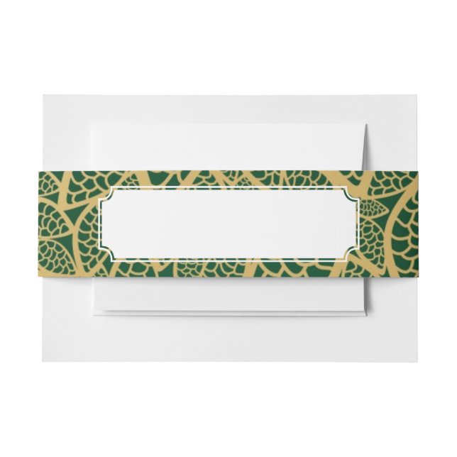 Golden leaf lace on green background invitation belly band (Front Example)