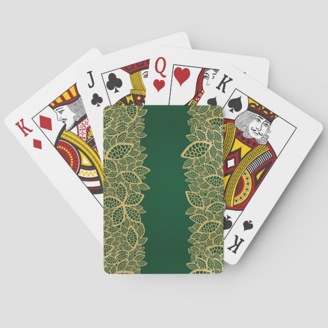 Golden leaf lace on green background playing cards (Back)