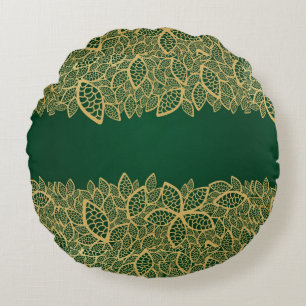 Golden leaf lace on green background round cushion