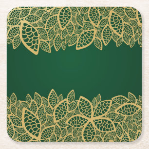 Golden leaf lace on green background square paper coaster
