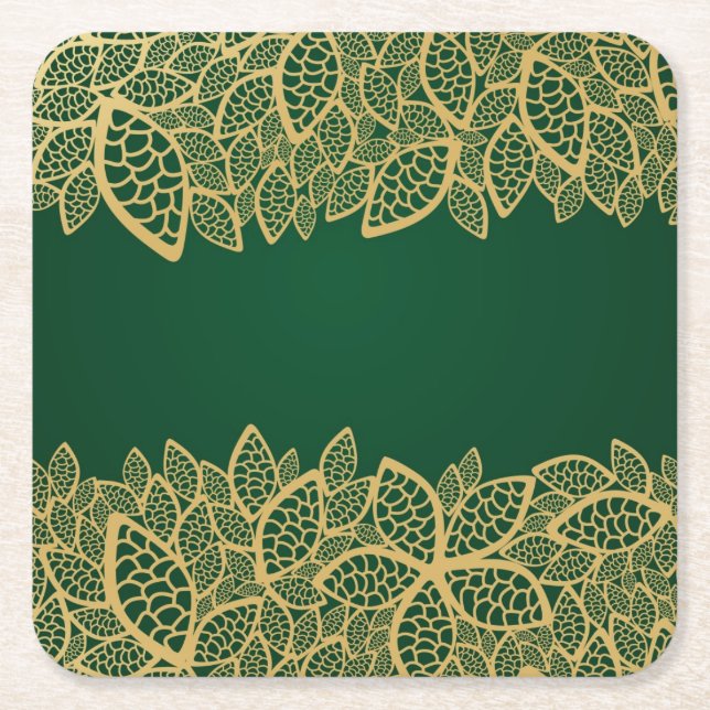 Golden leaf lace on green background square paper coaster (Front)