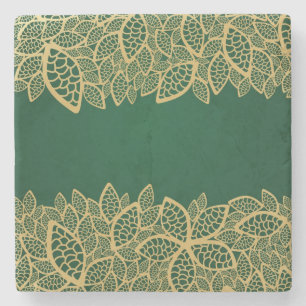 Golden leaf lace on green background stone coaster