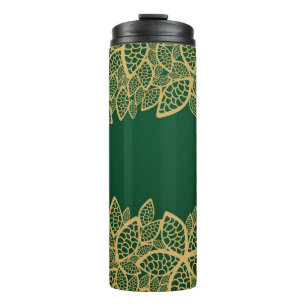 Golden leaf lace on green background thermal tumbler
