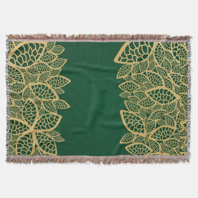 Golden leaf lace on green background throw blanket (Front)