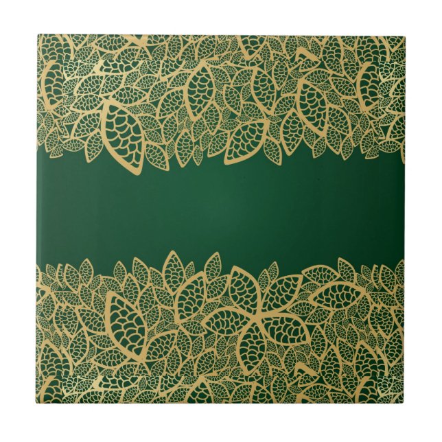 Golden leaf lace on green background tile (Front)