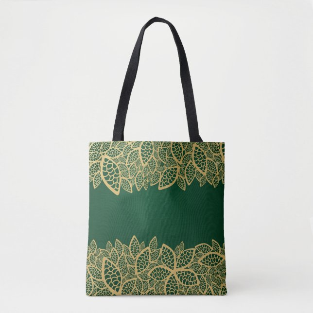 Golden leaf lace on green background tote bag (Front)