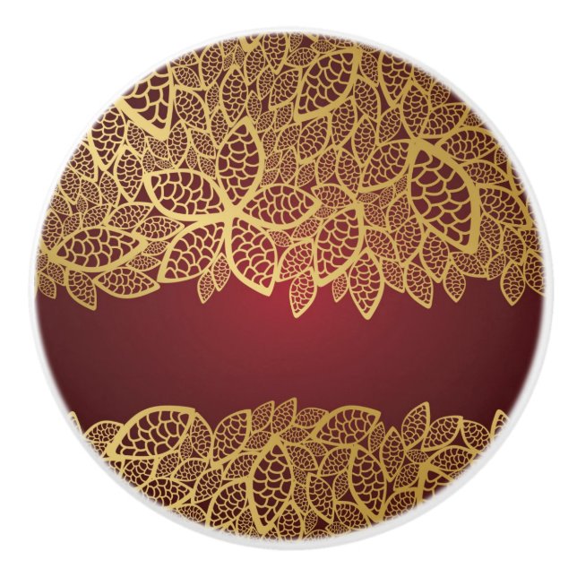 Golden leaf lace on red background ceramic knob (Front)