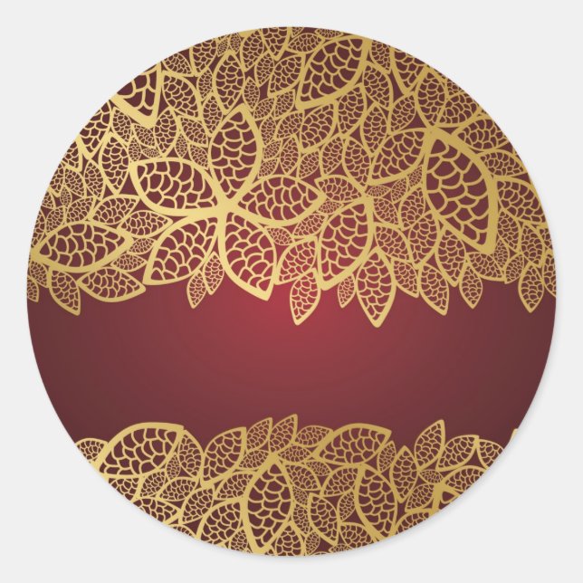 Golden leaf lace on red background classic round sticker (Front)