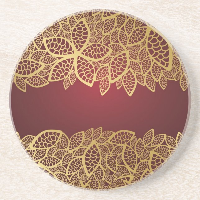 Golden leaf lace on red background coaster (Front)
