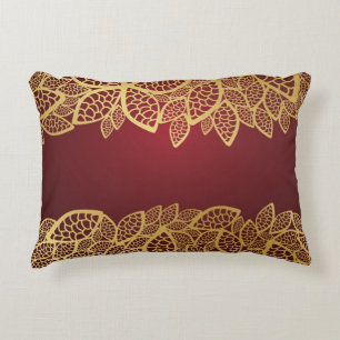 Golden leaf lace on red background decorative cushion