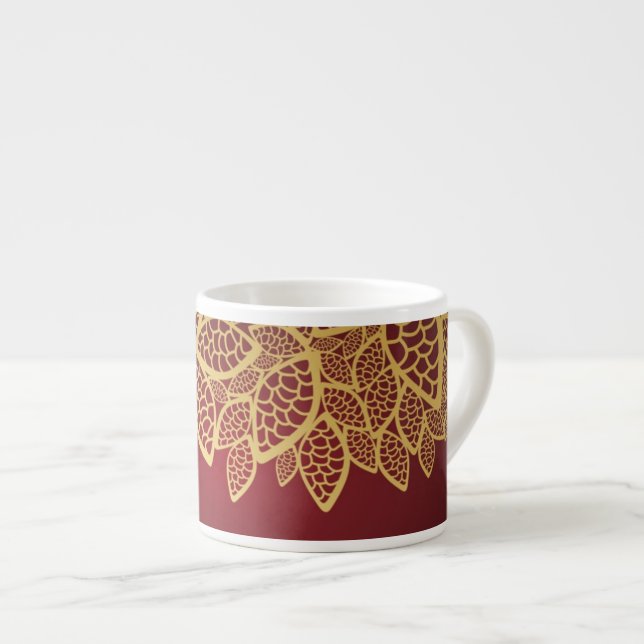 Golden leaf lace on red background espresso cup (Front Right)