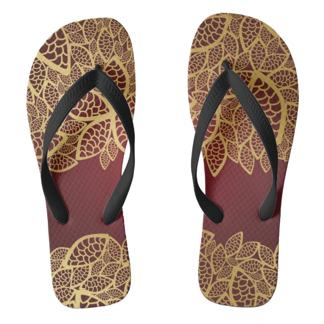 Golden leaf lace on red background flip flops (Footbed)