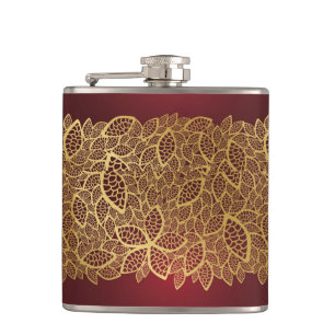 Golden leaf lace on red background hip flask