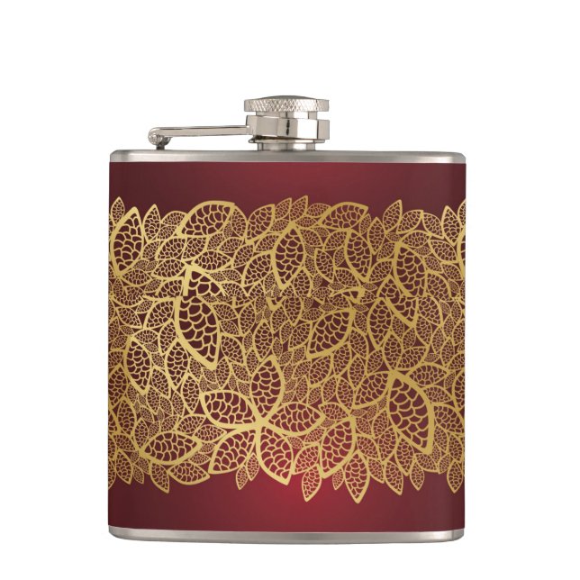 Golden leaf lace on red background hip flask (Front)