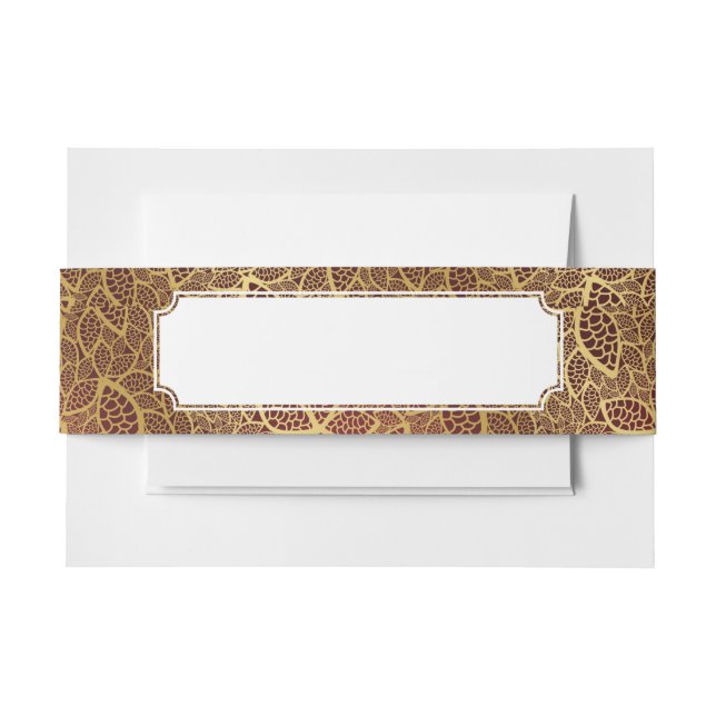 Golden leaf lace on red background invitation belly band (Front Example)