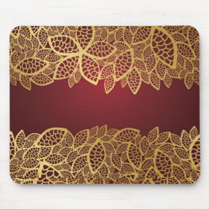 Golden leaf lace on red background mouse mat