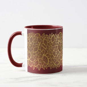 Golden leaf lace on red background mug