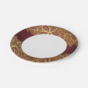 Golden leaf lace on red background paper plate