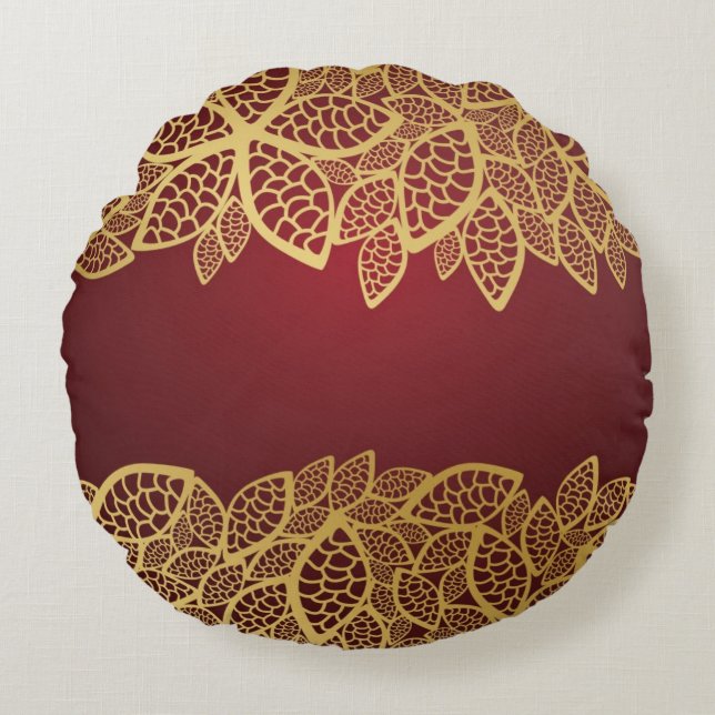 Golden leaf lace on red background round cushion (Front)