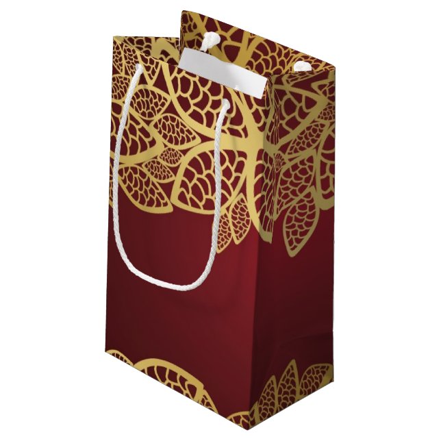 Golden leaf lace on red background small gift bag (Back Angled)