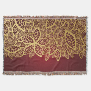 Golden leaf lace on red background throw blanket
