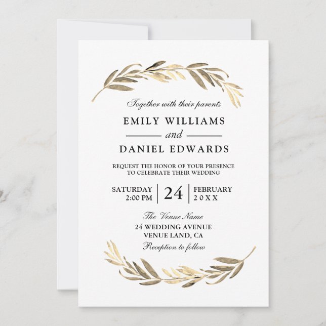 Golden Leaf Modern Elegant Wedding Invitation (Front)