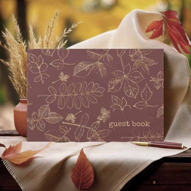 Golden Leaf Pattern Wedding Gold/Burgundy ID655 Guest Book (Creator Uploaded)