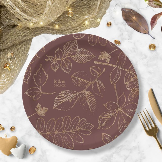 Golden Leaf Pattern Wedding Gold/Burgundy ID655 Paper Plate (Creator Uploaded)