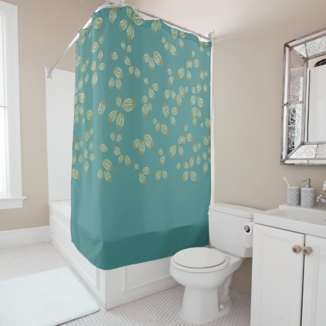 Golden Leaf Shower Curtain in Teal (In Situ)