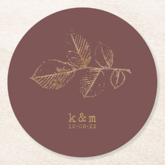 Golden Leaf Wedding Gold/Burgundy ID655  Round Paper Coaster